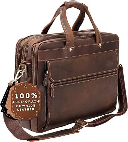 Brown leather multi-compartment laptop briefcase 15.6 in