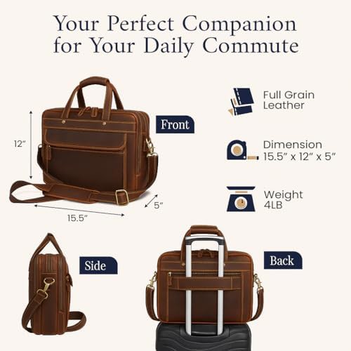 Brown leather multi-compartment laptop briefcase 15.6 in — photo 3