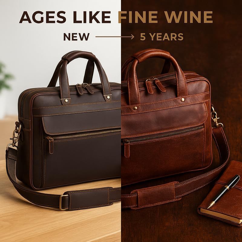 Brown leather multi-compartment laptop briefcase 15.6 in — photo 4