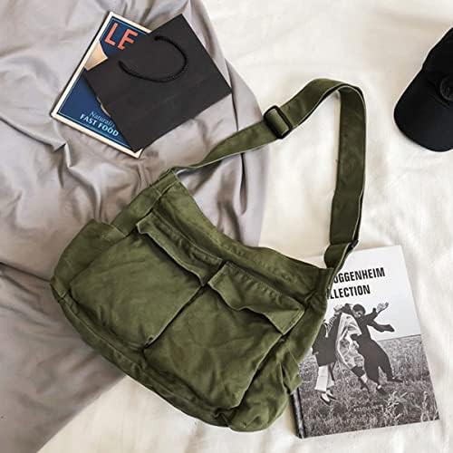 Vintage green canvas aesthetic school messenger bag — photo 3