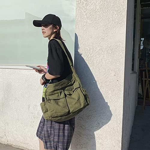Vintage green canvas aesthetic school messenger bag — photo 5