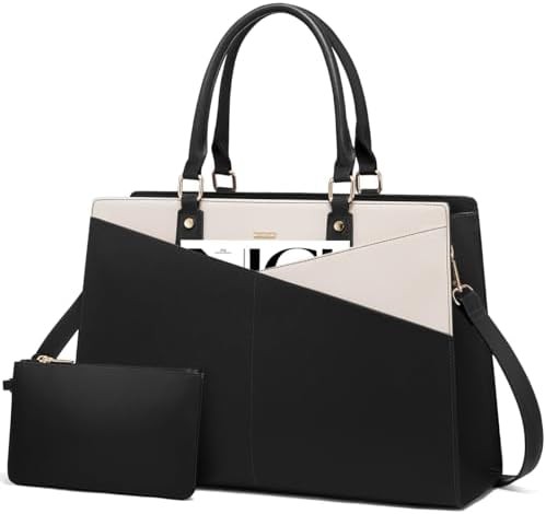 Black beige leather work tote 15.6