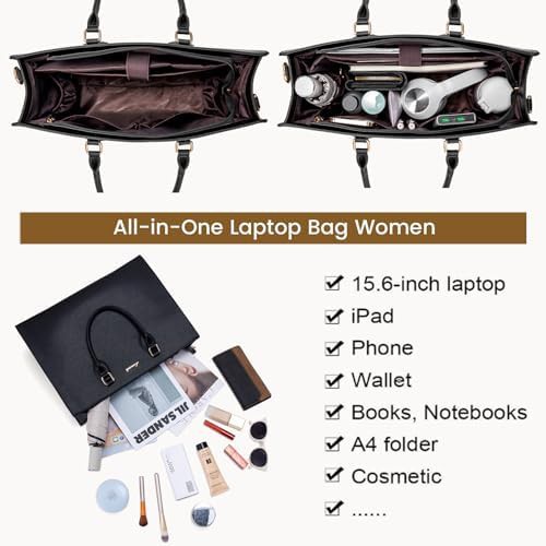 Black leather office shoulder bag 15.6 — photo 3