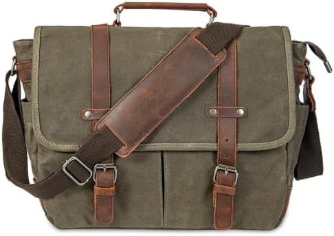 Army green waxed canvas laptop satchel