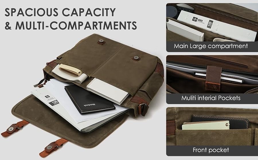 Army green waxed canvas laptop satchel — photo 5