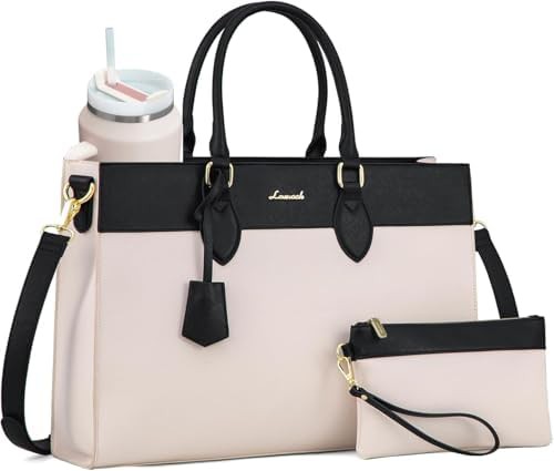 Two Tone Beige and Black Leather Tote
