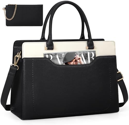 Black and white leather laptop tote 15.6 in