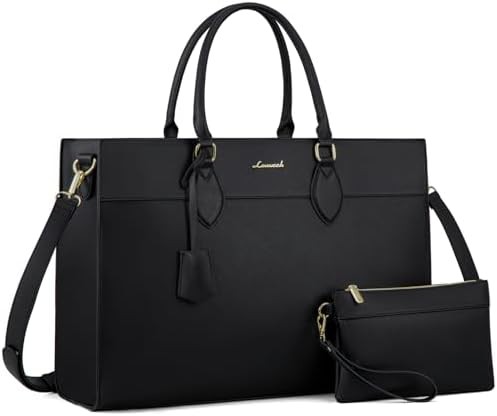 Large Black Leather Work Tote 17 in
