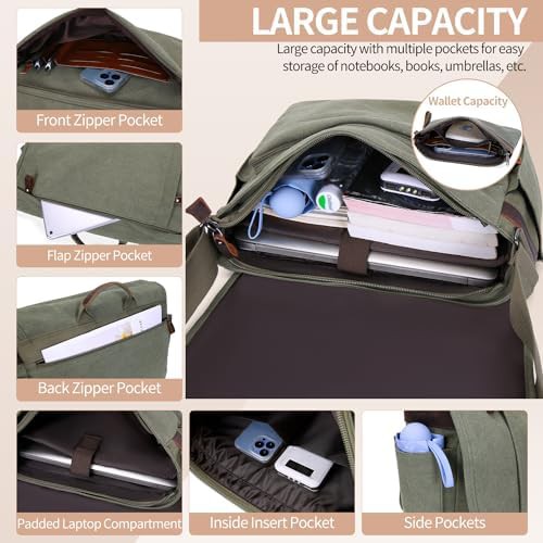 Green canvas work laptop messenger bag 17 — photo 4