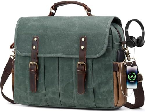 Waxed canvas dark green 15.6 inch briefcase