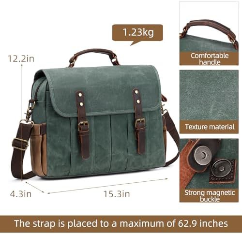 Waxed canvas dark green 15.6 inch briefcase — photo 3