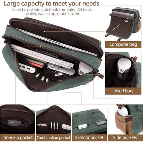 Waxed canvas dark green 15.6 inch briefcase — photo 5