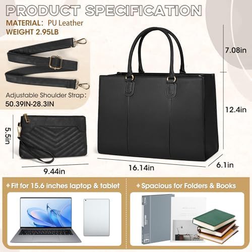 Black leather professional computer work tote — photo 4