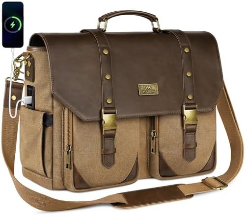 Vintage canvas briefcase with USB port 15.6 in