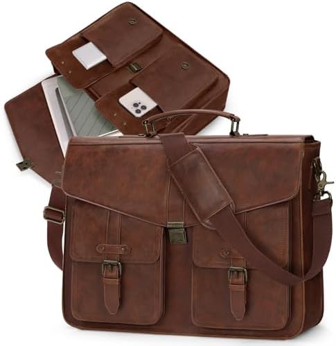 Spacious brown leather office satchel 17.3 in