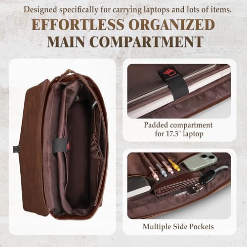 Spacious brown leather office satchel 17.3 in — photo 4